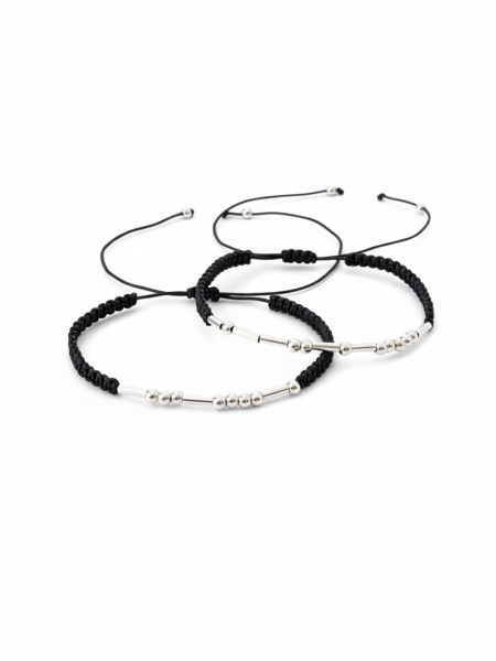 Mors Harfli Örgülü Gümüş Çift Bileklik (2 Adet)